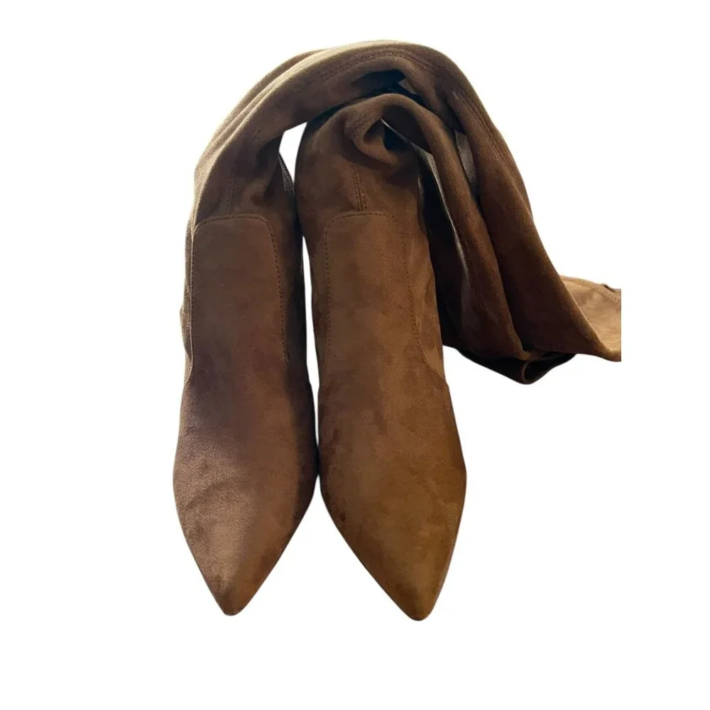 Steve Madden Tan Faux Suede Knee-High Boots 6.5M Pointed Toe Block Heel Side Zip